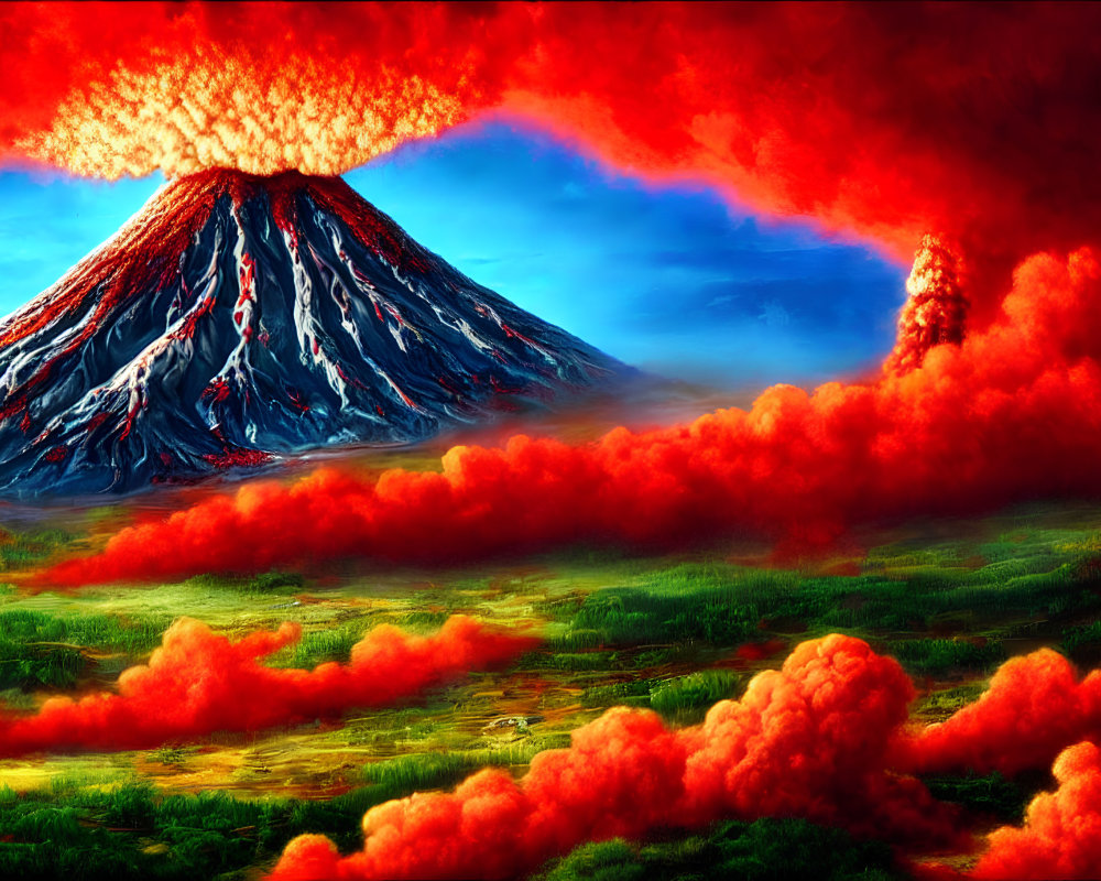 Erupting volcano with lava flows in apocalyptic landscape