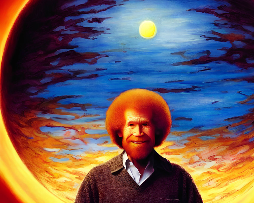 Person with Afro Holding Apple in Front of Vibrant Circular Sunset Painting
