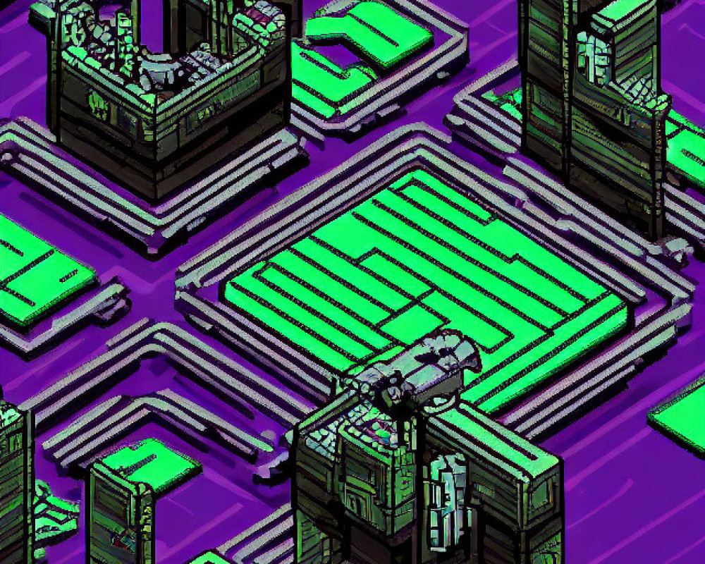 Futuristic city pixel art with neon color scheme