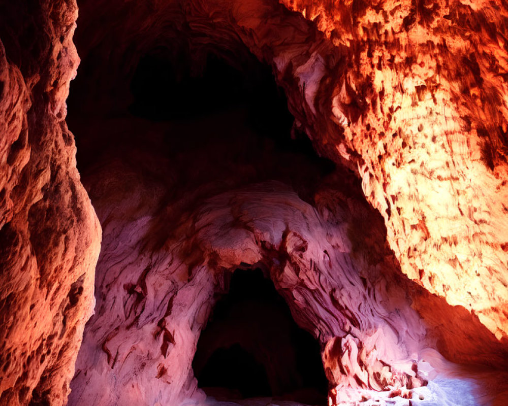 Vividly Lit Cave with Red and Orange Glow and Intricate Rock Formations