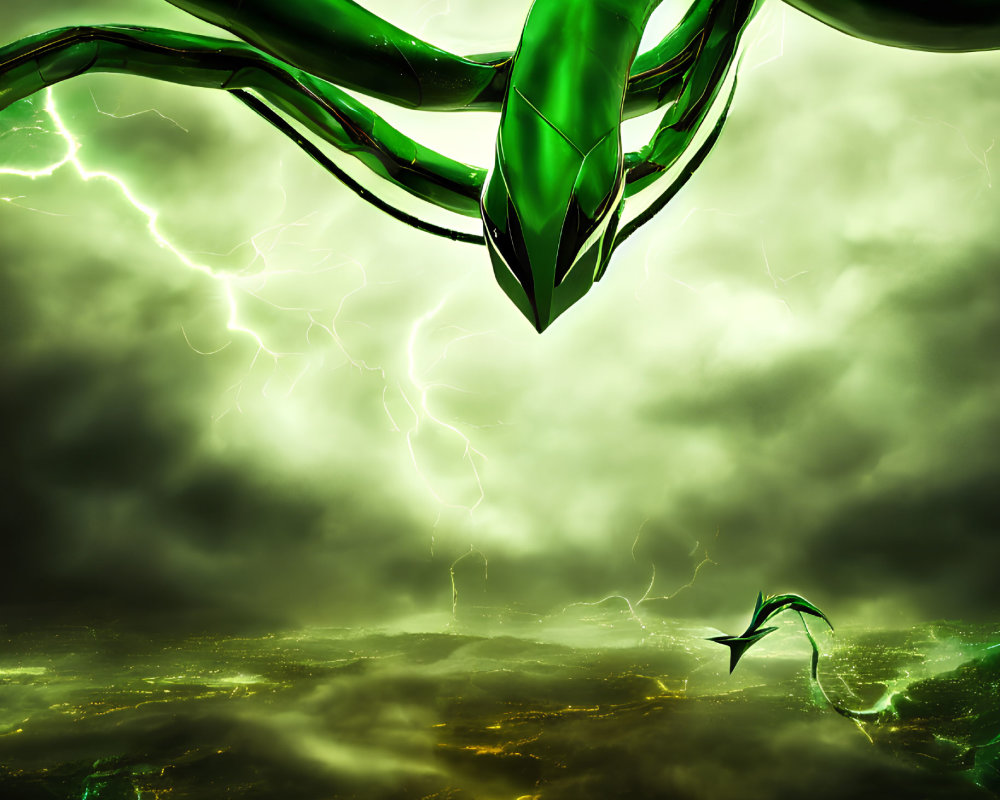 Large green serpentine creatures in stormy sky with lightning bolts