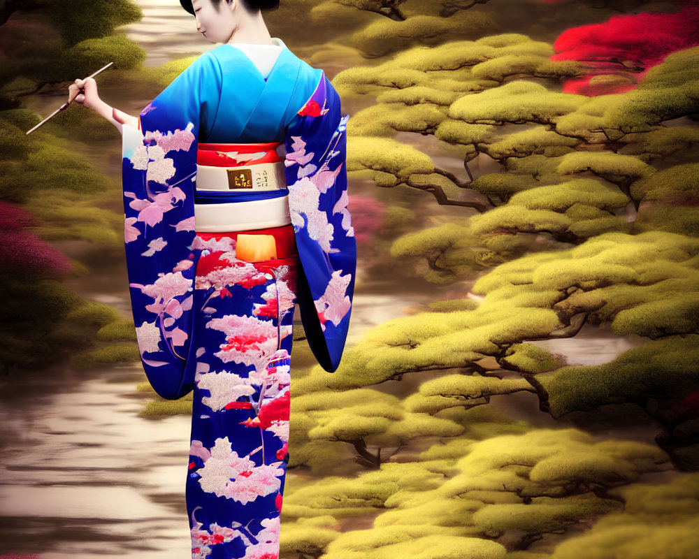 Colorful Kimono-Wearing Woman by Tranquil Pond in Vibrant Garden