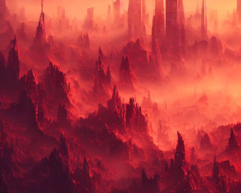 Dystopian landscape with crimson skies and futuristic structures