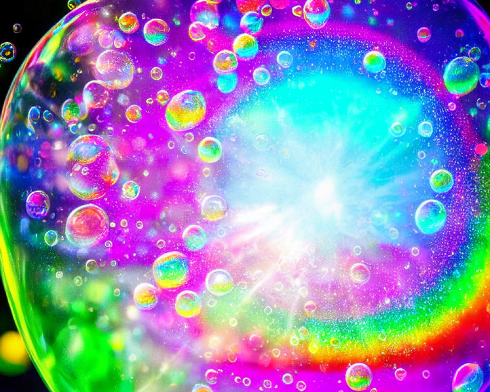 Colorful soap bubble with reflective droplets on dark background
