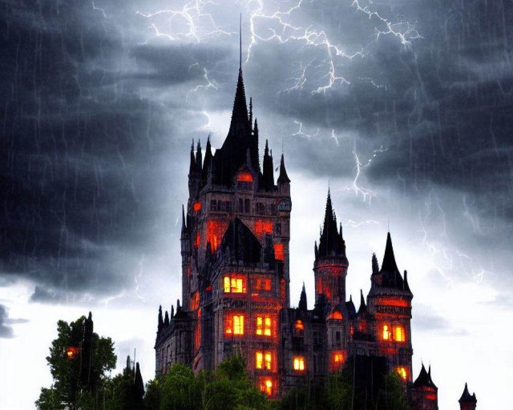 Gothic Castle Lit by Orange Lights in Stormy Night Sky