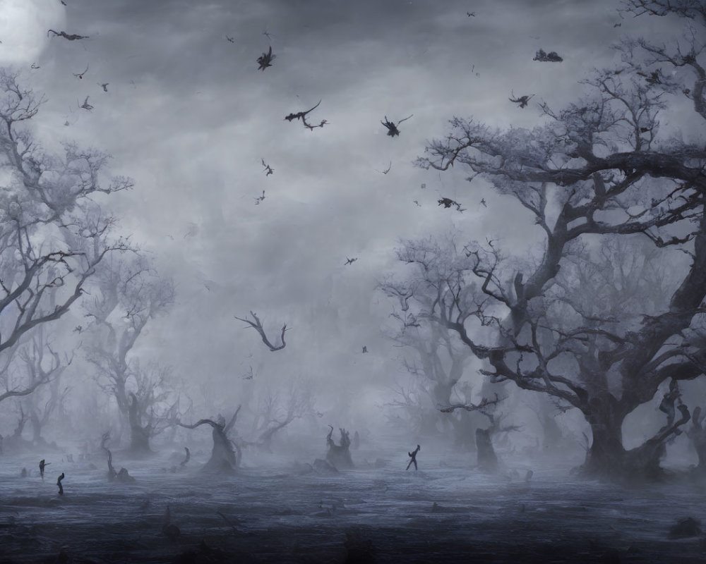 Eerie forest scene with bare trees and flying crows