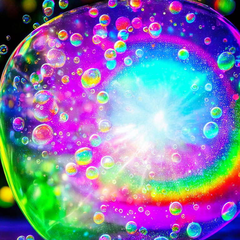 Colorful soap bubble with reflective droplets on dark background