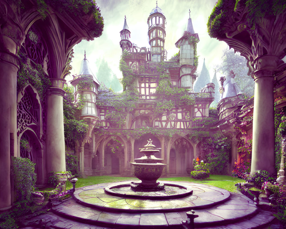 Fantastical garden with ornate fountain and fairy tale castle
