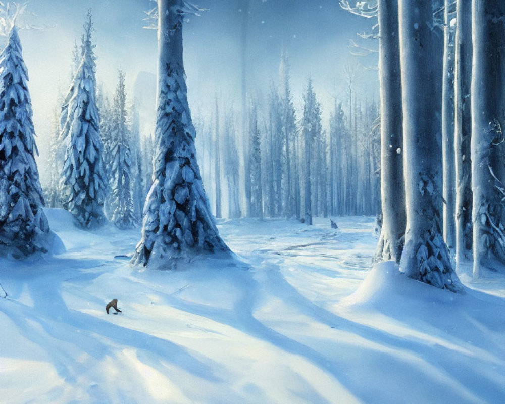 Snow-covered trees and lone fox in serene winter landscape