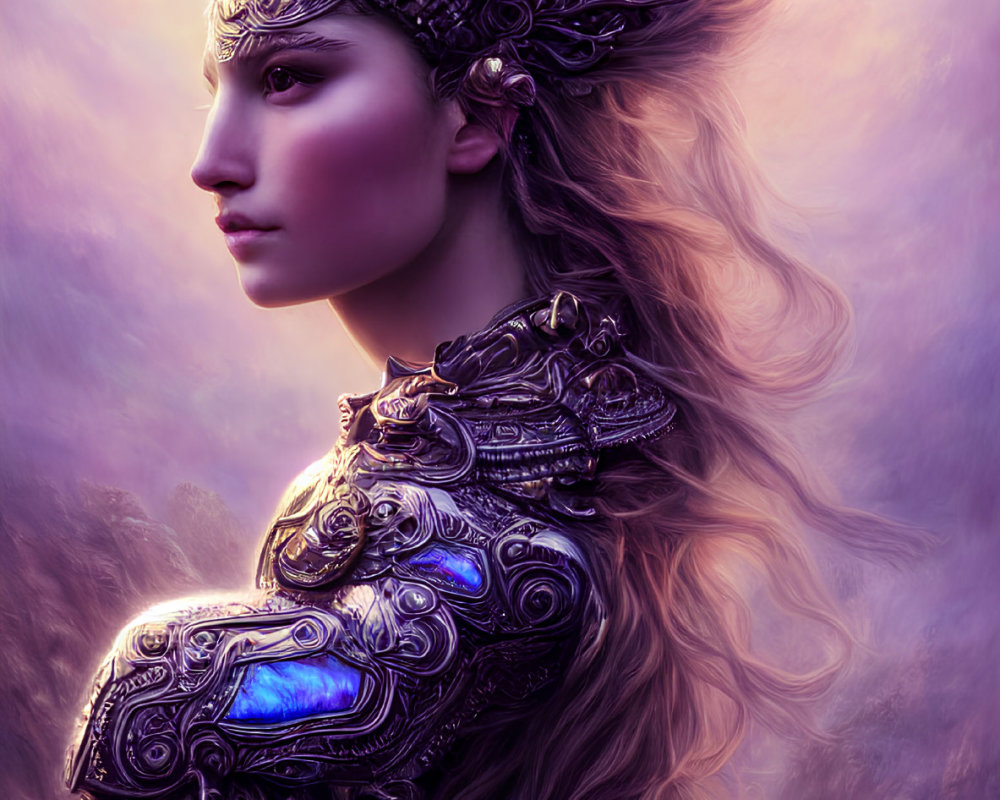 Intricate metallic headgear and armor with gemstone on person against purple-pink backdrop
