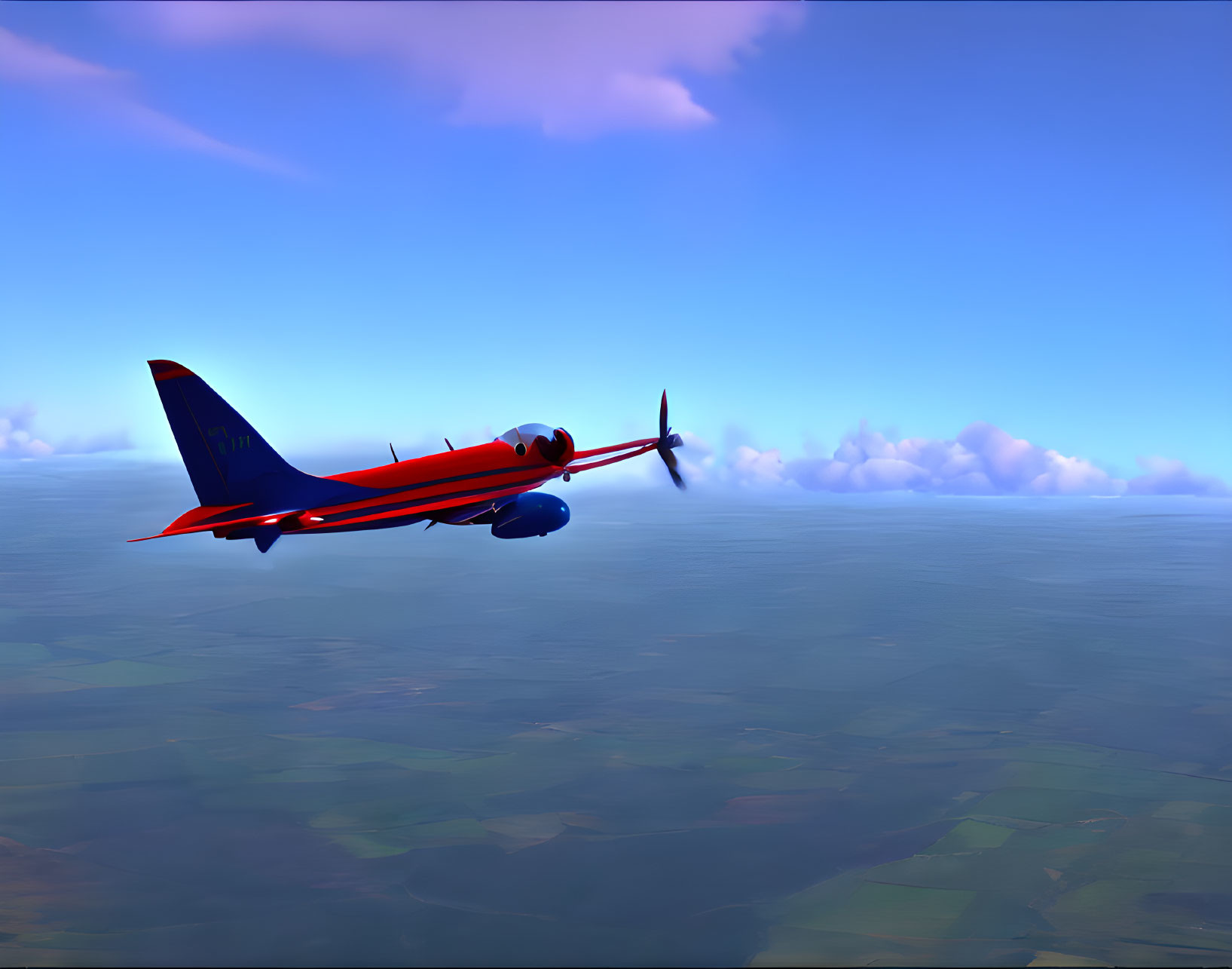 Red and Blue Aircraft Flying Above Green Landscape