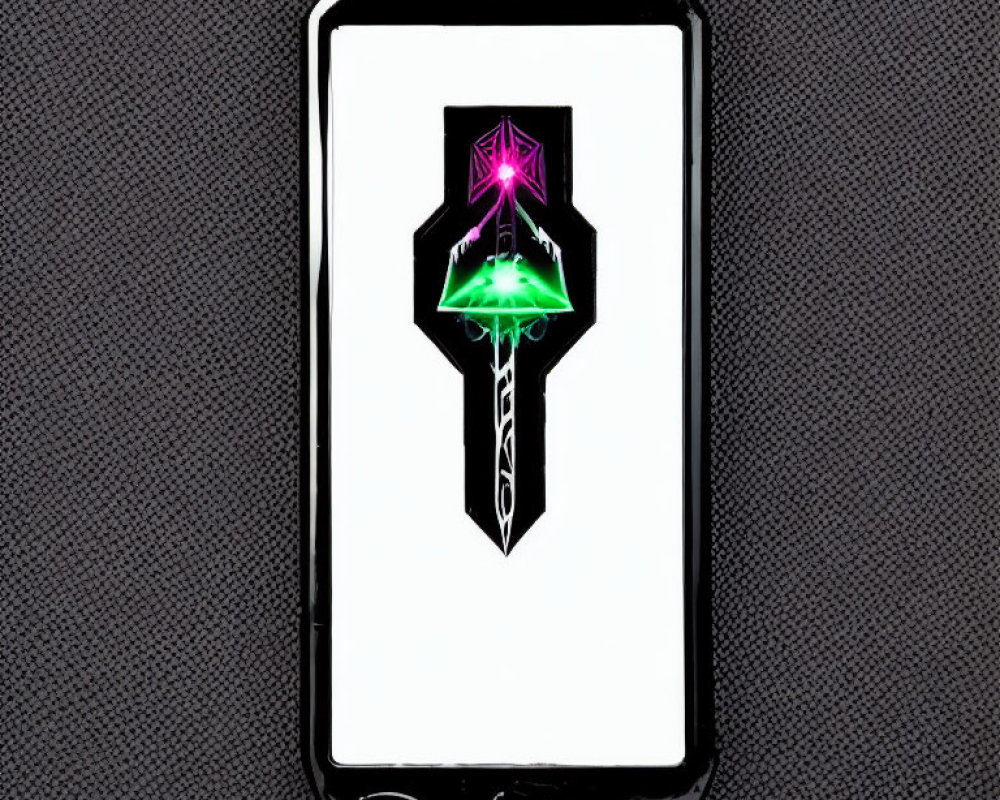 Smartphone displaying neon green and purple sword on textured background