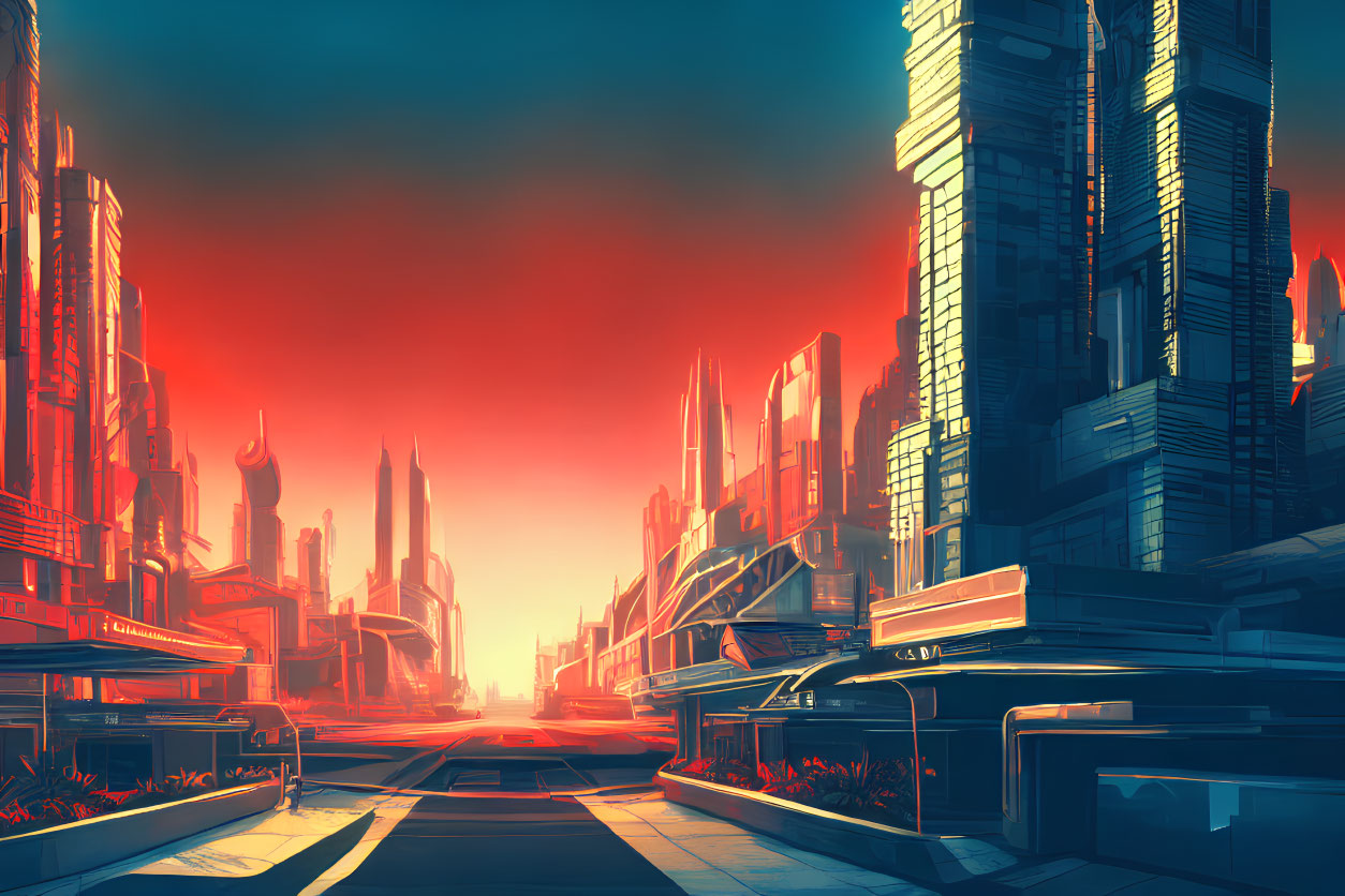 Futuristic cityscape with towering skyscrapers under red sky