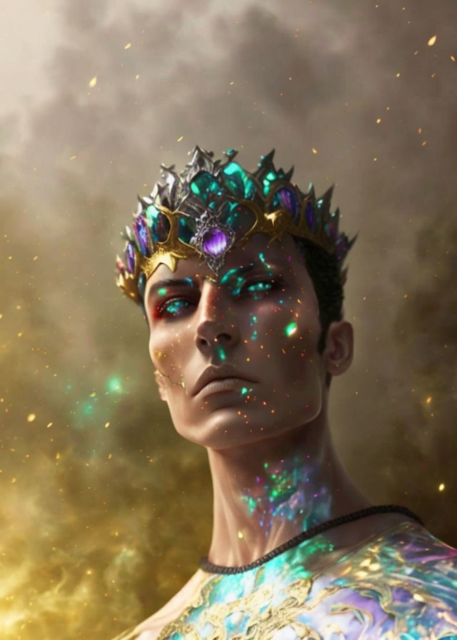 Majestic figure with jeweled crown in mystical setting