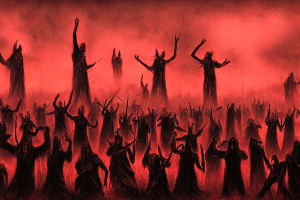 Mysterious figures in misty red landscape