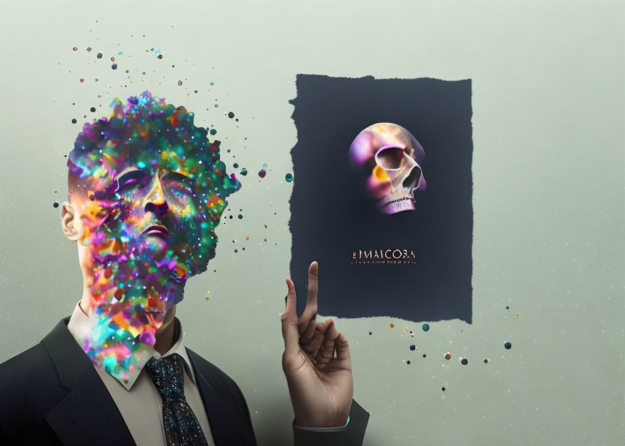Man in suit with exploding head interacts with glowing skull in black void