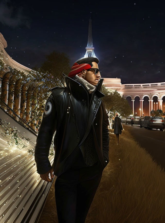 Fashionable individual in leather jacket and sunglasses at night with Eiffel Tower and illuminated trees.