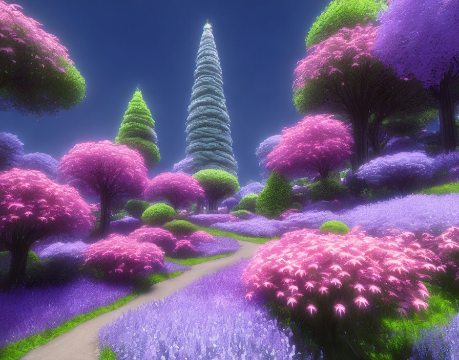 Fantasy landscape with winding path, vibrant purple and pink flora, calm blue sky