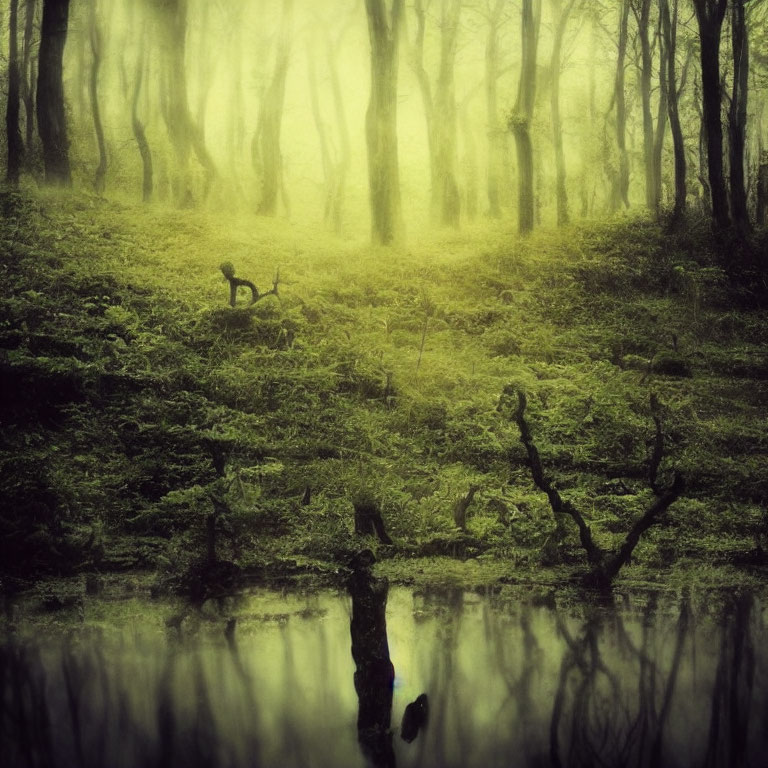 Mystical foggy forest with reflective water and silhouettes.