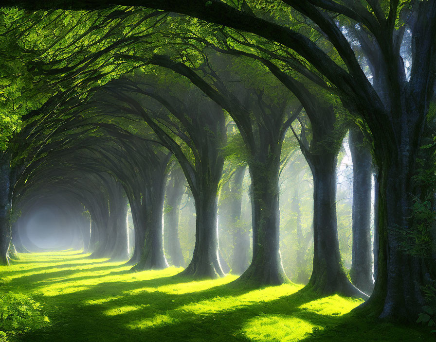 Sunlit forest pathway with arching green trees