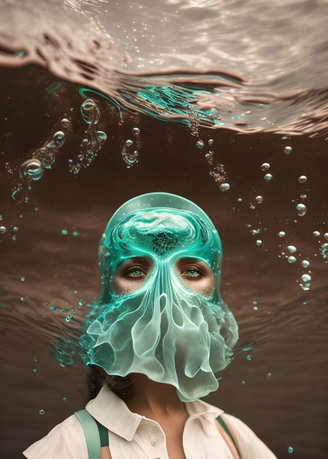 Person Submerged Underwater with Clear Mask Creates Surreal Bubble Effect