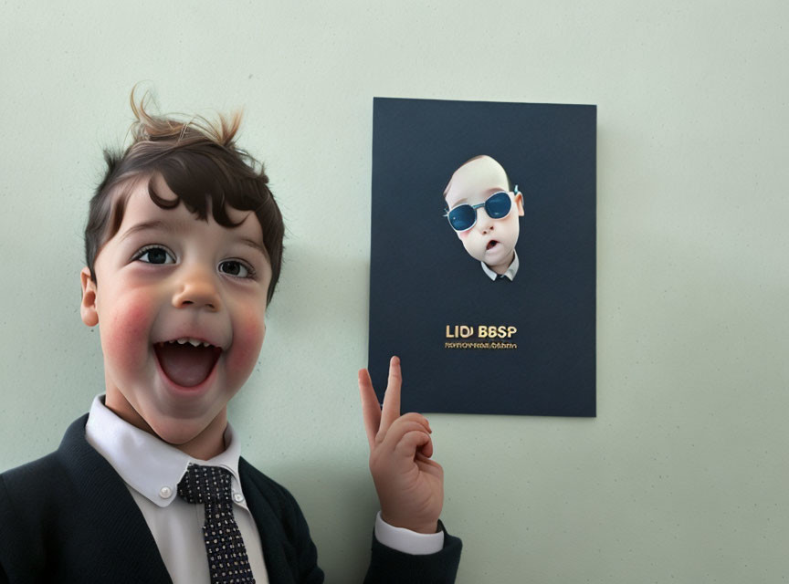 Young boy in suit making peace sign next to framed baby picture with name and code.