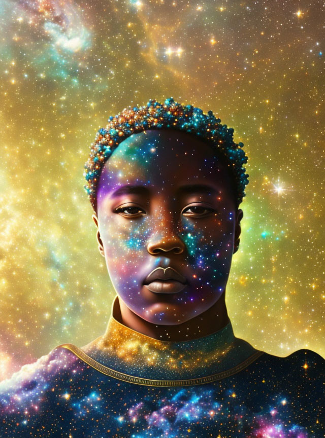 Digital artwork featuring person with cosmic features