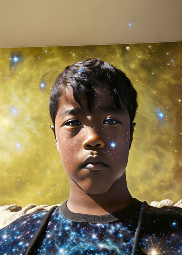Serious child in galaxy shirt blending with cosmic background