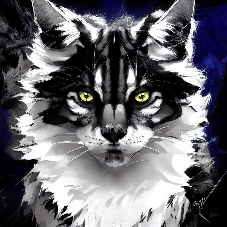 Digital painting of black and white cat with yellow eyes on blue backdrop