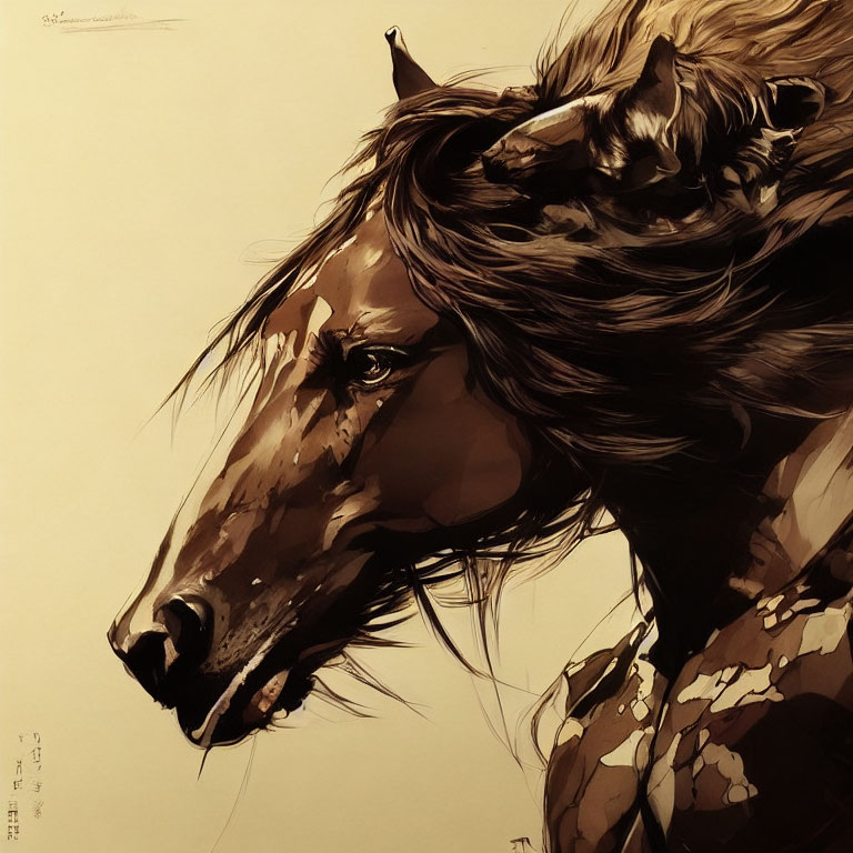Detailed Horse Illustration with Dynamic Pose and Rich Brown Tones