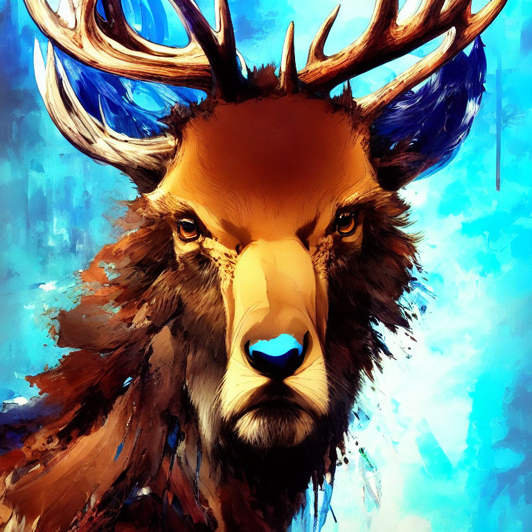 Majestic elk with large antlers on vibrant blue background