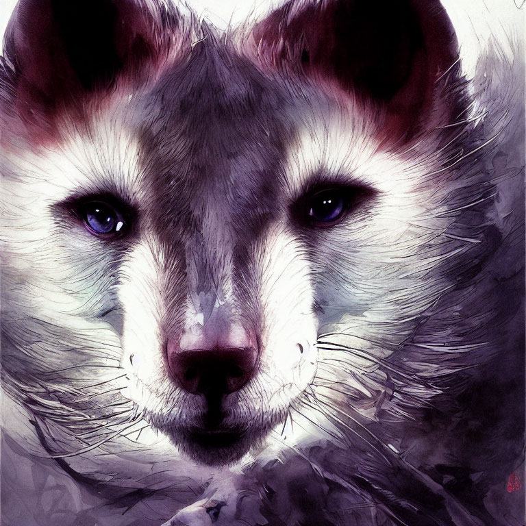 Wolf digital art with intense purple eyes and white/violet tones