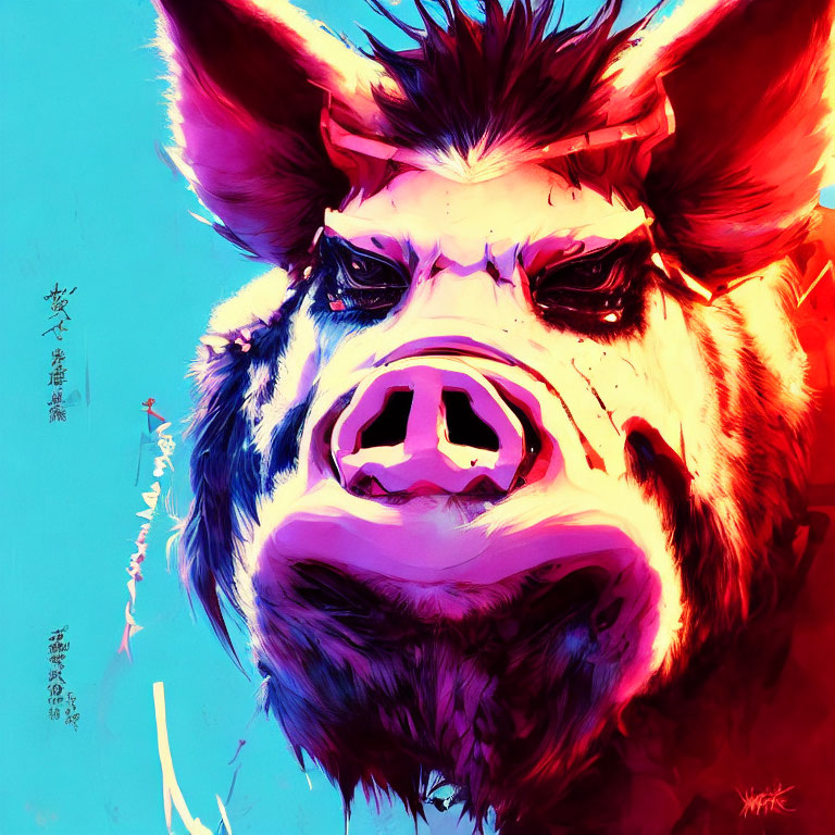 Stylized boar's head artwork with bold pink and blue hues