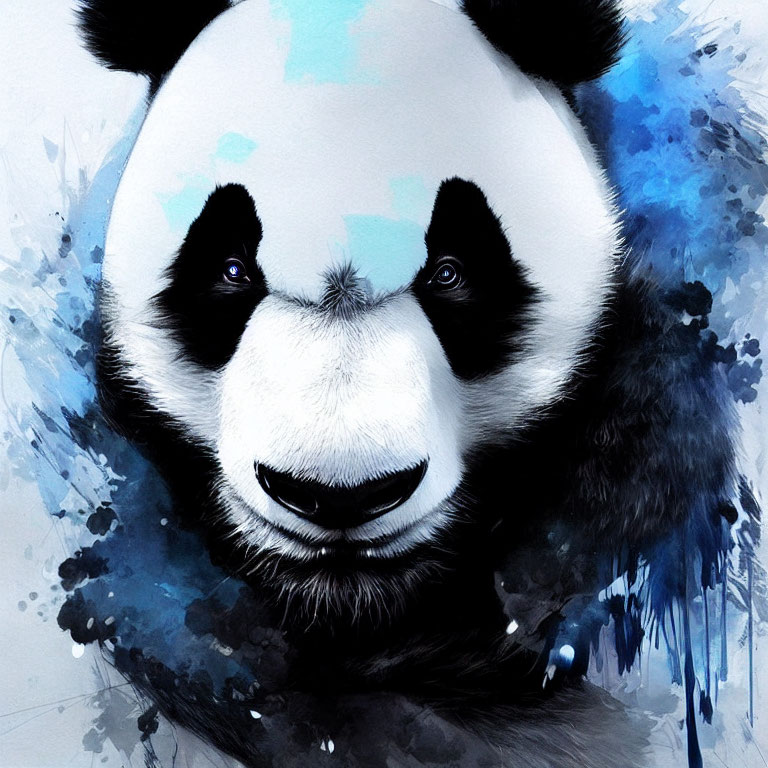Realistic Panda Artwork with Abstract Blue Watercolor Background