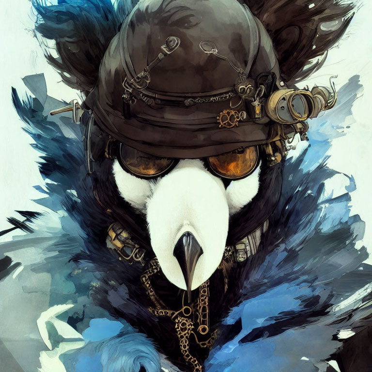 Stylized crow with steampunk helmet, goggles, gears, and chains