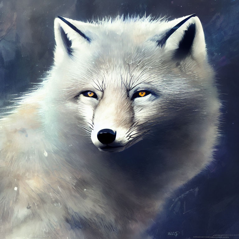 White wolf digital art portrait with intense yellow eyes on dark background
