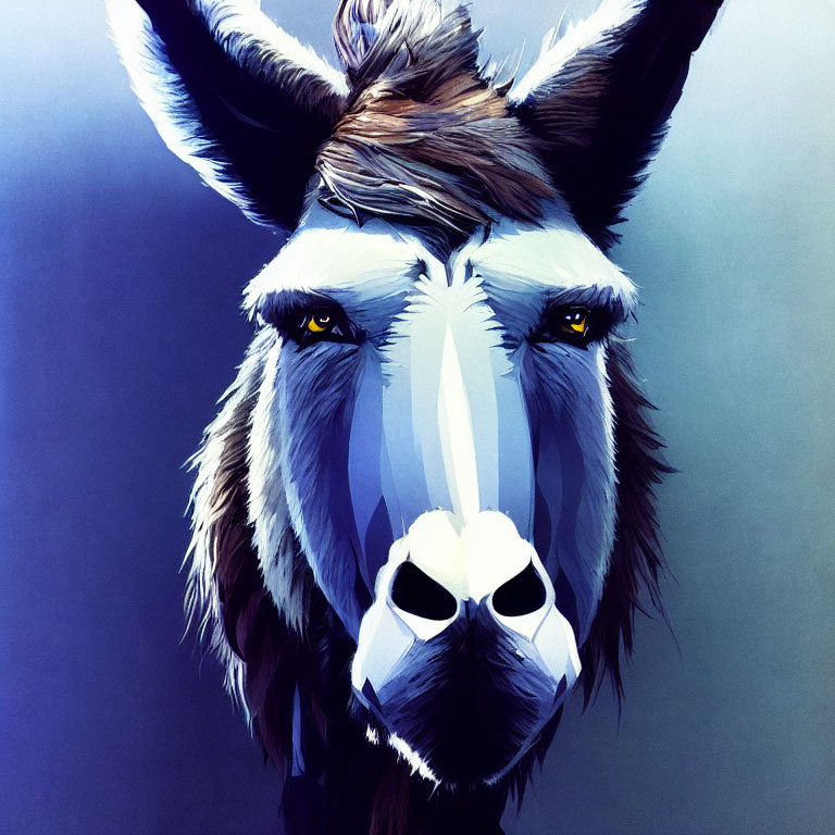 Colorful geometric donkey portrait with intense gaze
