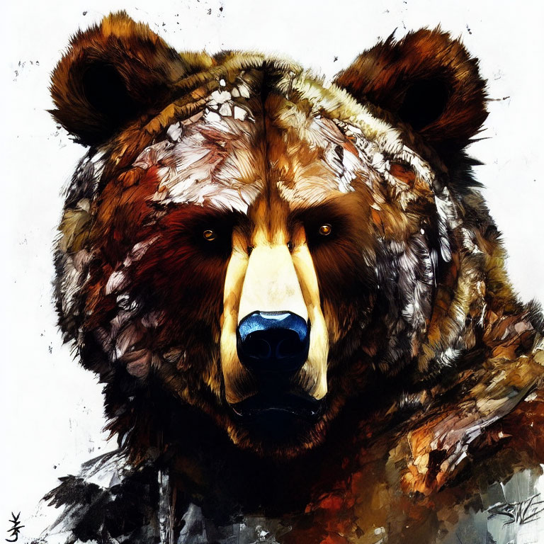 Detailed brush strokes create lifelike bear head with vibrant colors