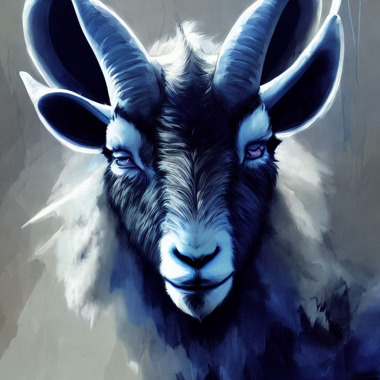 Blue-eyed mountain goat with curved horns on cool-toned background
