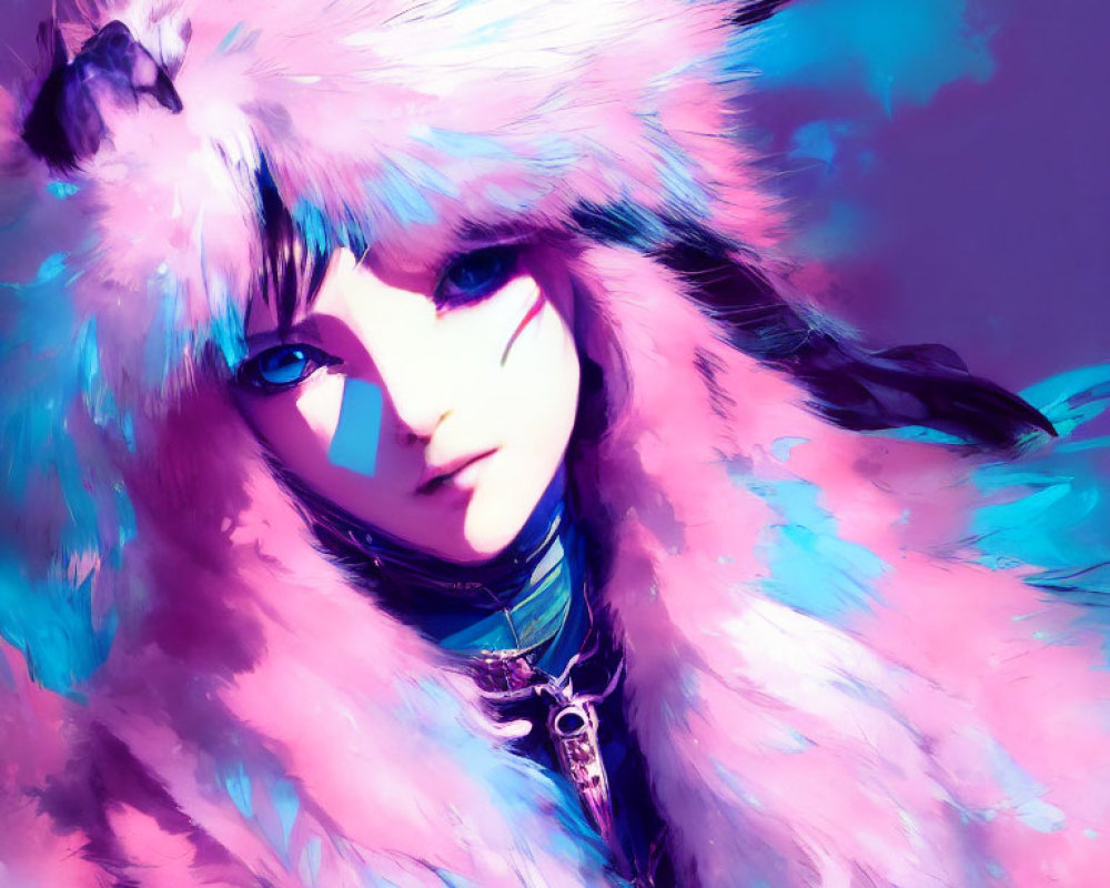 Purple-eyed person in pink fur coat and hat on purple background
