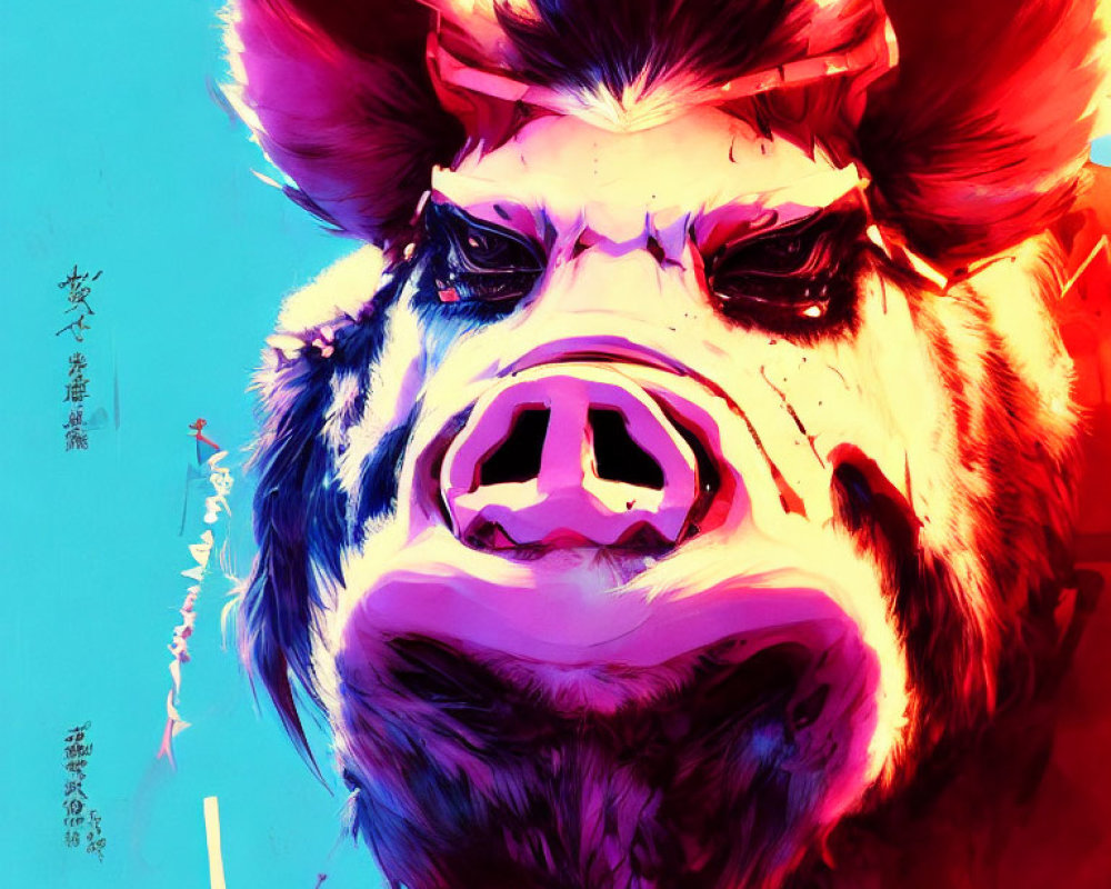 Stylized boar's head artwork with bold pink and blue hues
