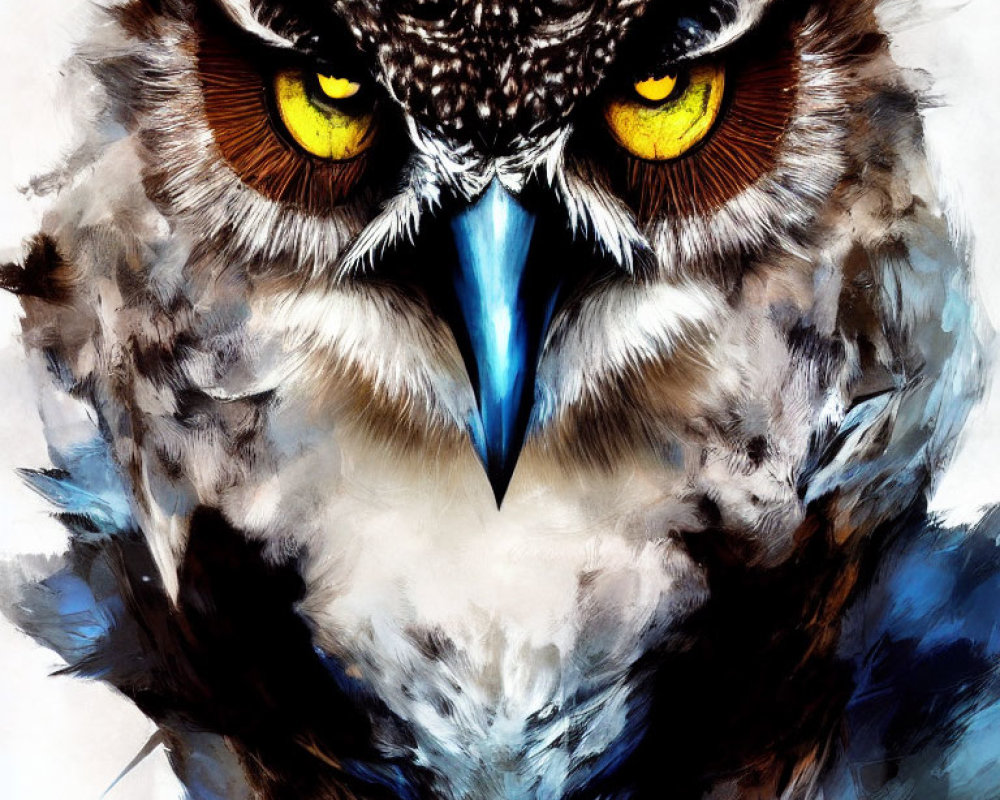 Detailed close-up of owl with intense yellow eyes and textured feathers in shades of gray and white