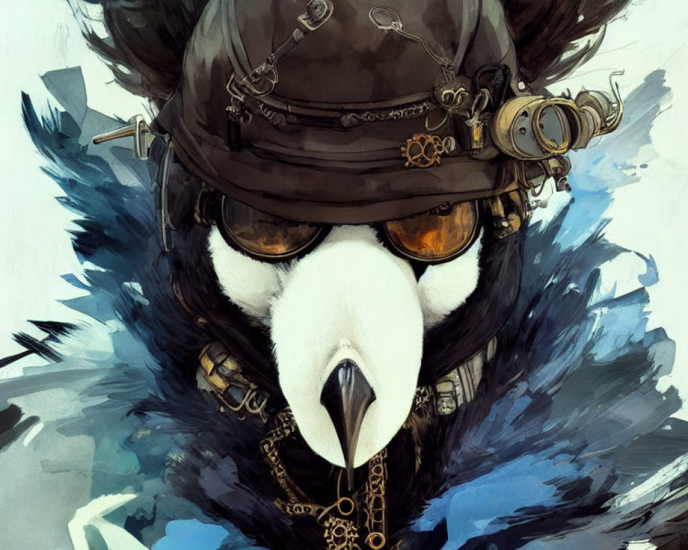 Stylized crow with steampunk helmet, goggles, gears, and chains