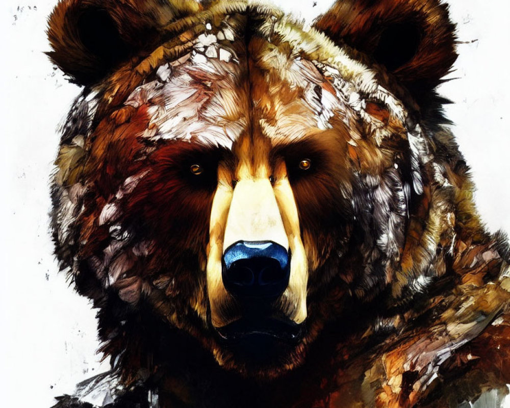 Detailed brush strokes create lifelike bear head with vibrant colors