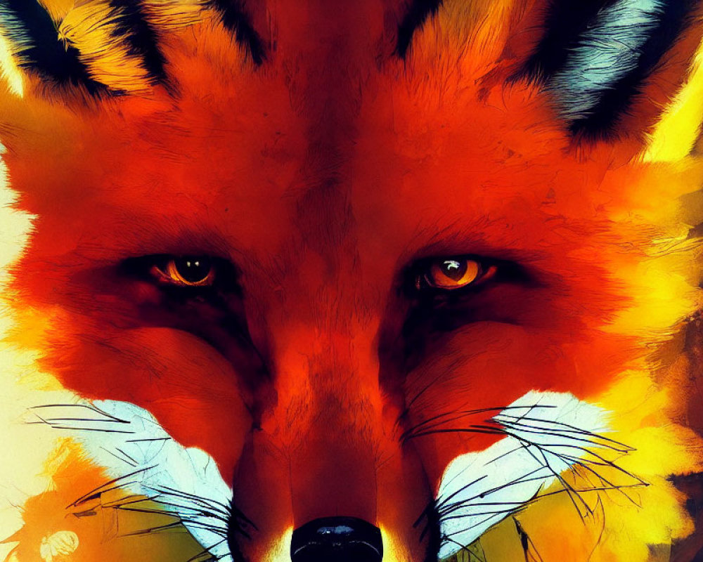 Colorful digital painting of a fox's intense eyes and fiery hues.