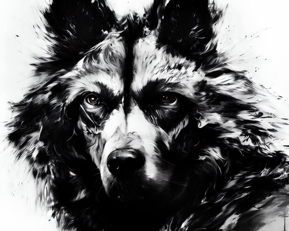 Detailed Monochromatic Wolf Artwork with Intense Gaze