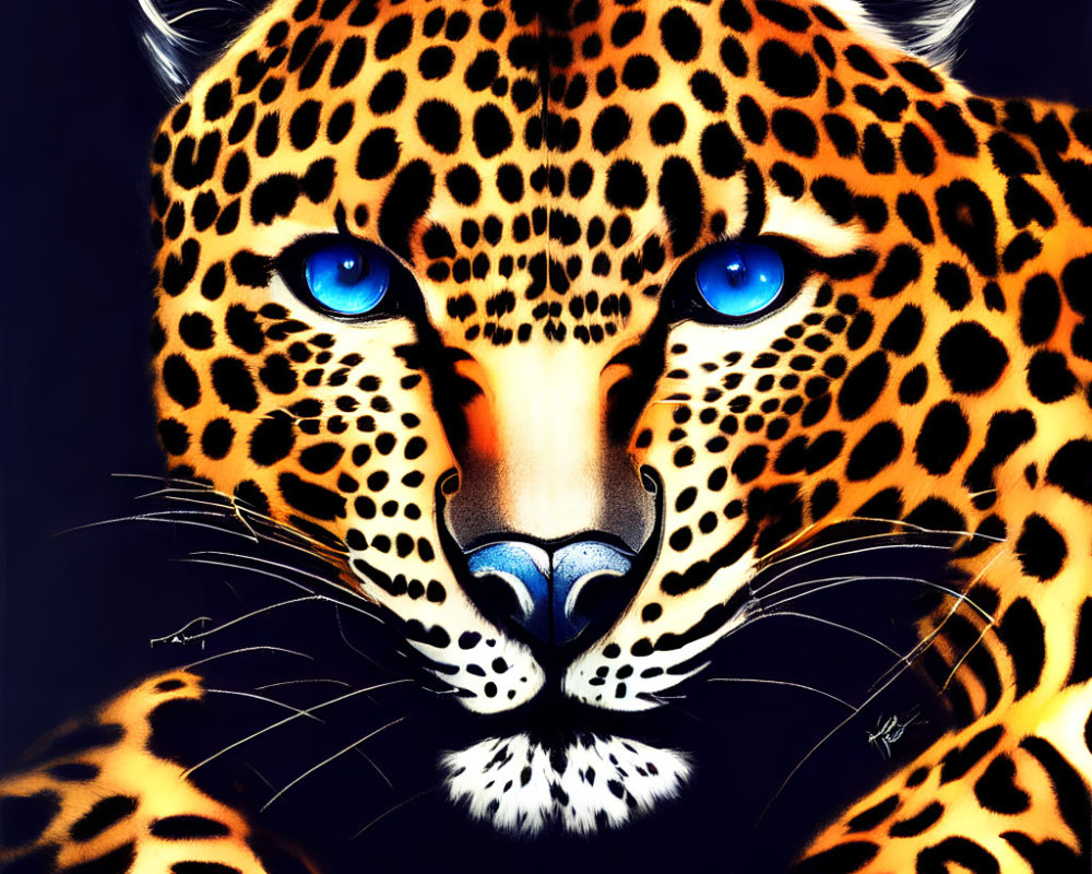 Detailed illustration of jaguar with blue eyes and orange fur.