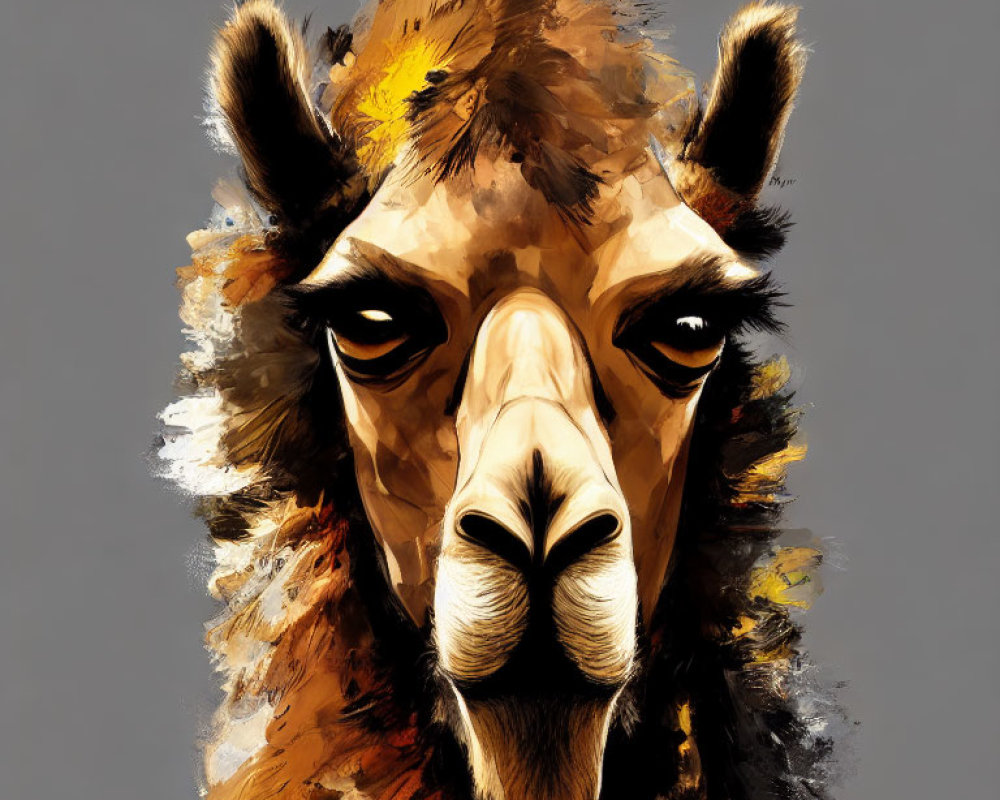 Llama head digital painting with brown, yellow, and white brushstrokes