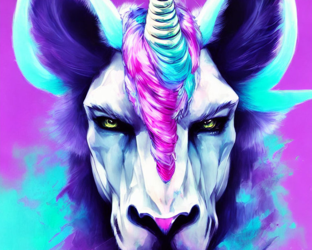 Colorful Lion with Unicorn Features on Vibrant Purple Background
