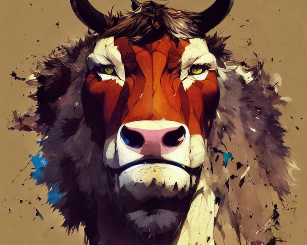 Vibrant bison illustration with intense eyes and dynamic splatters